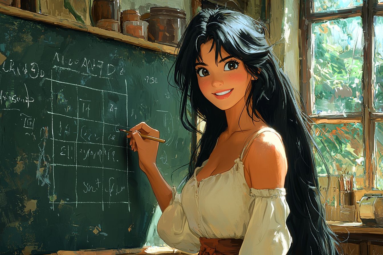 Asian woman with black hair happily writing on blackboard.