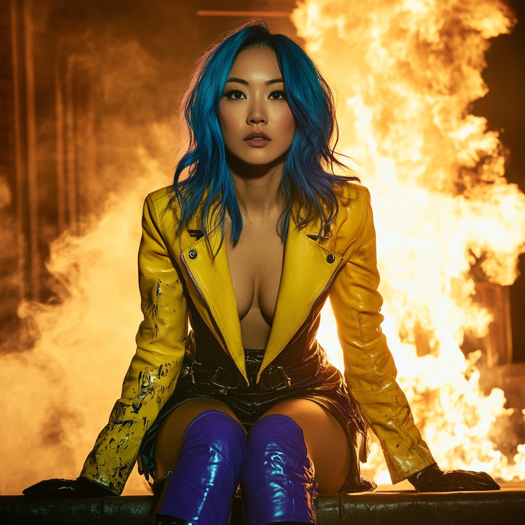 Asian woman with blue hair and baby blue eyes in purple boots and yellow jacket, standing in front of fire and smoke.