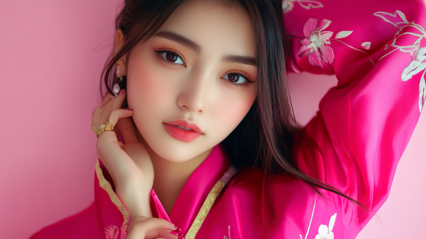 Asian woman with flawless skin, pink outfit, elegant pose.