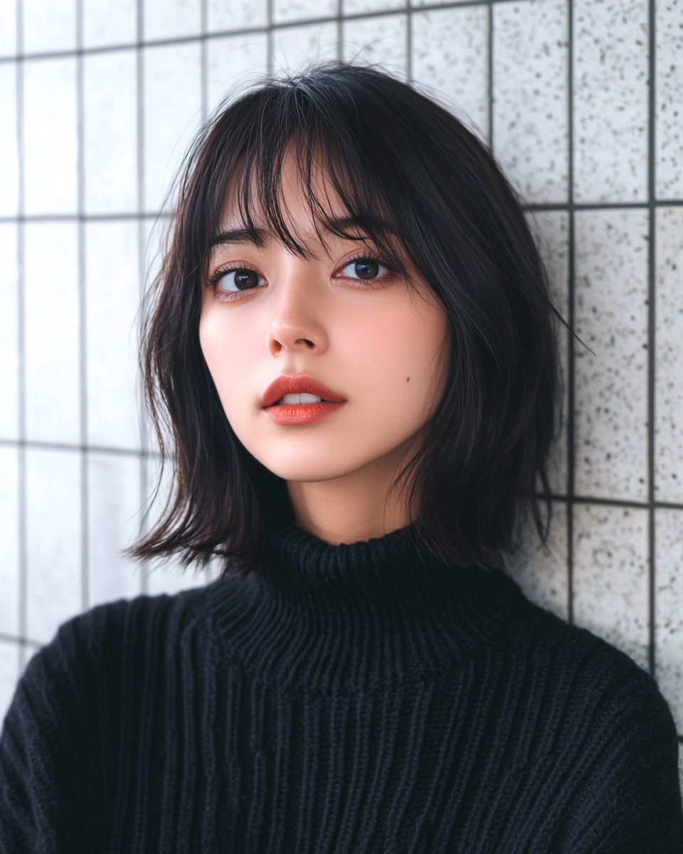 Asian woman with short hair and air bangs poses.