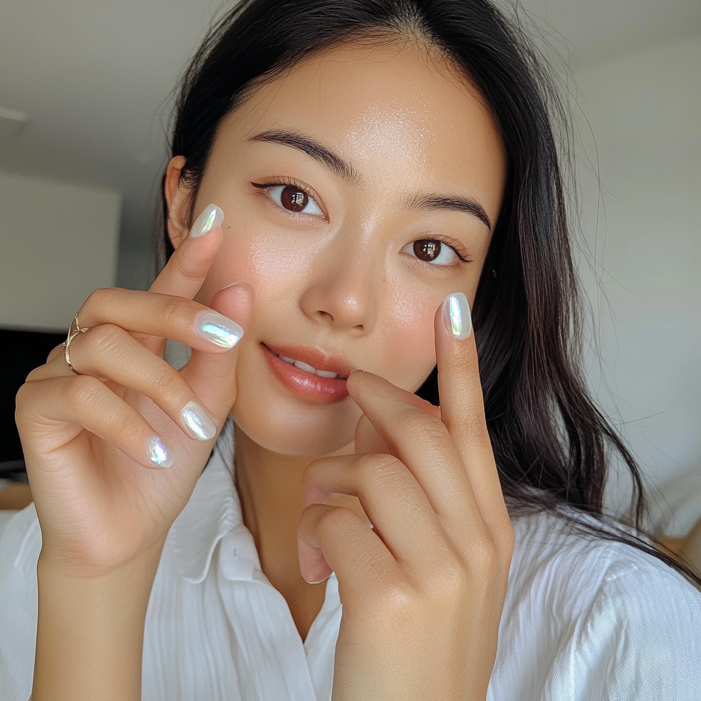 Asian woman with white iridescent nails, casual clothing.