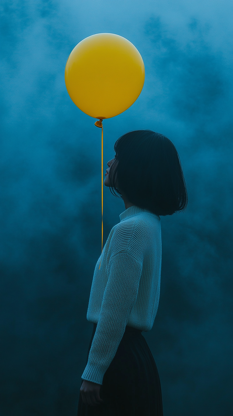 Asian woman with yellow balloon in cloudy sky.