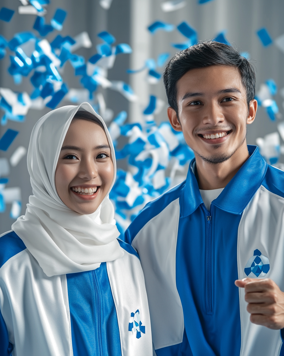 Asian workers in blue and white uniforms winning sports.