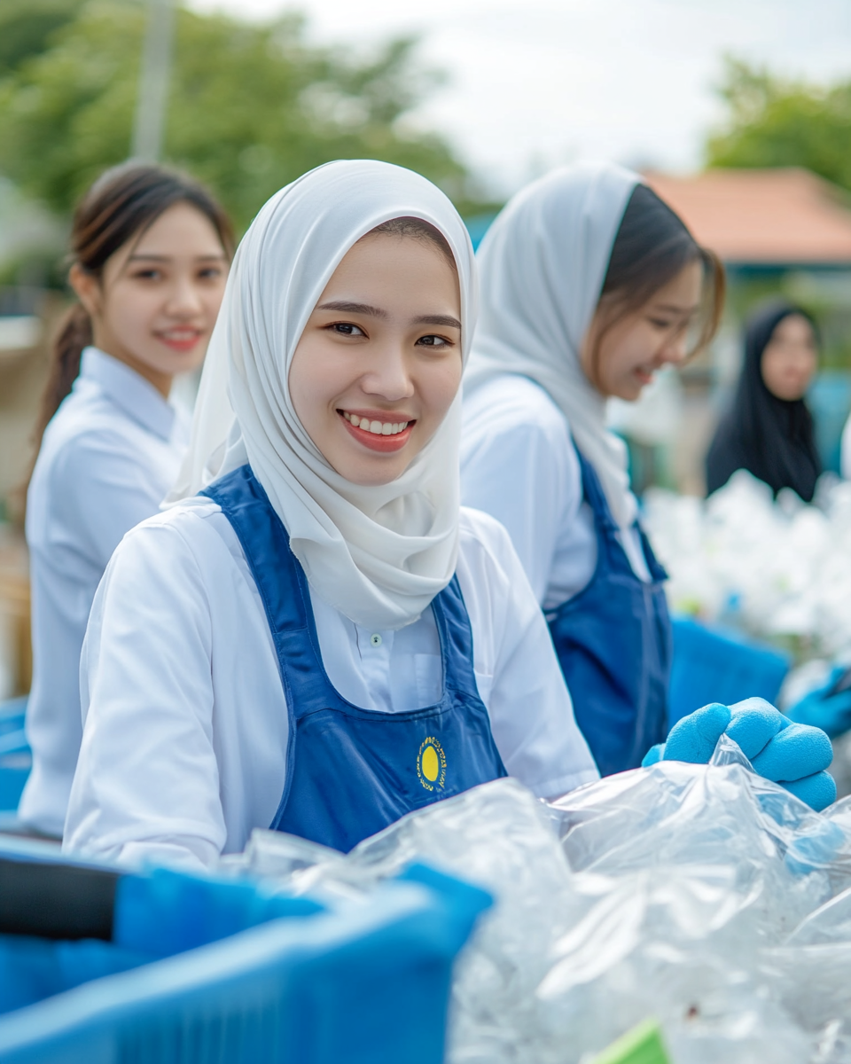 Asian workers in hijab collect trash joyfully.