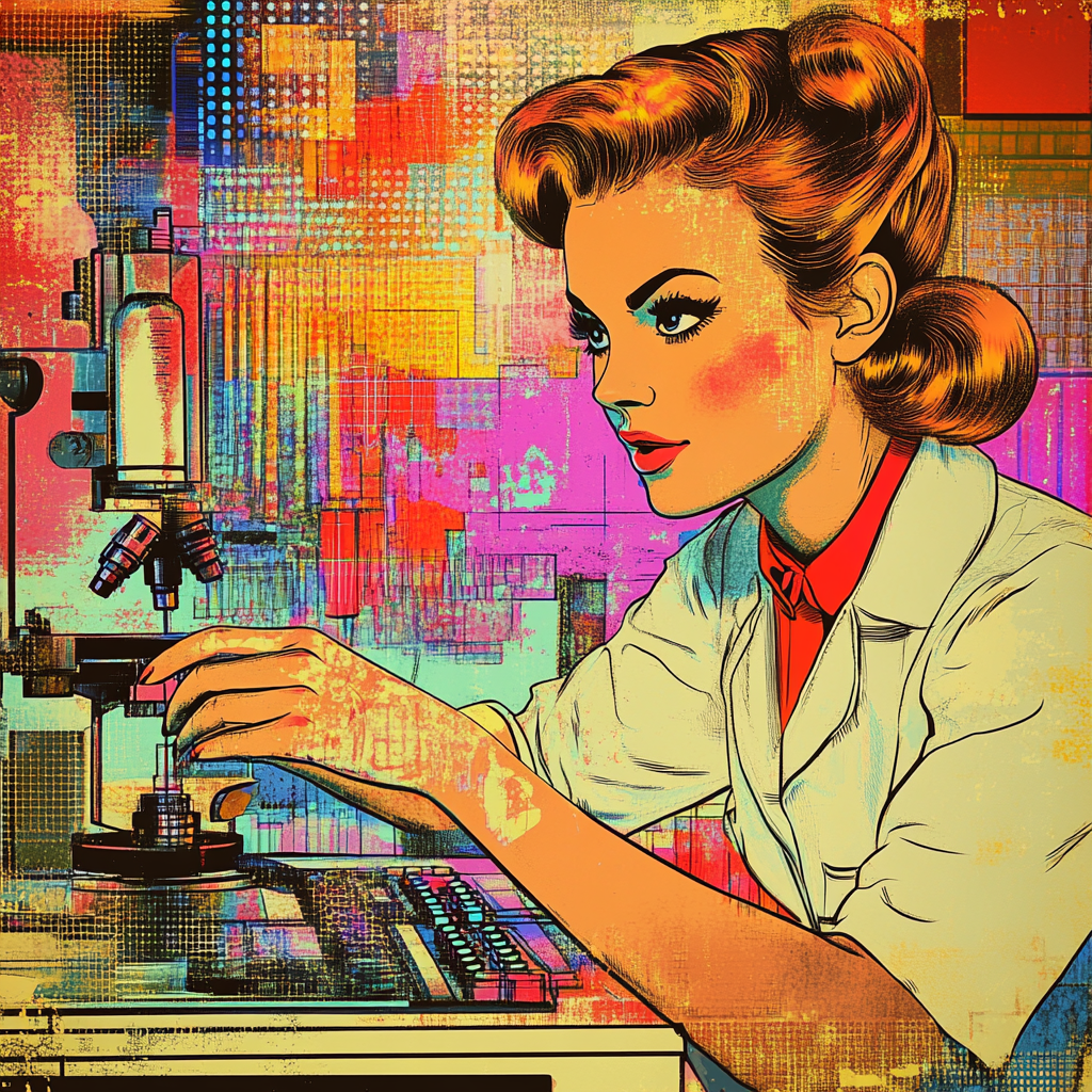 Assistant in colorful lab: surreal pop art cartoon