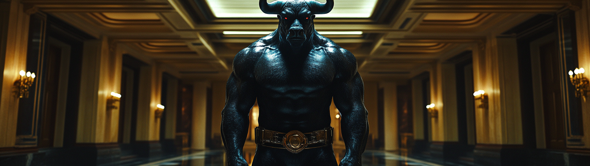 Asterion the Minotaur in cinematic Batman style photography.