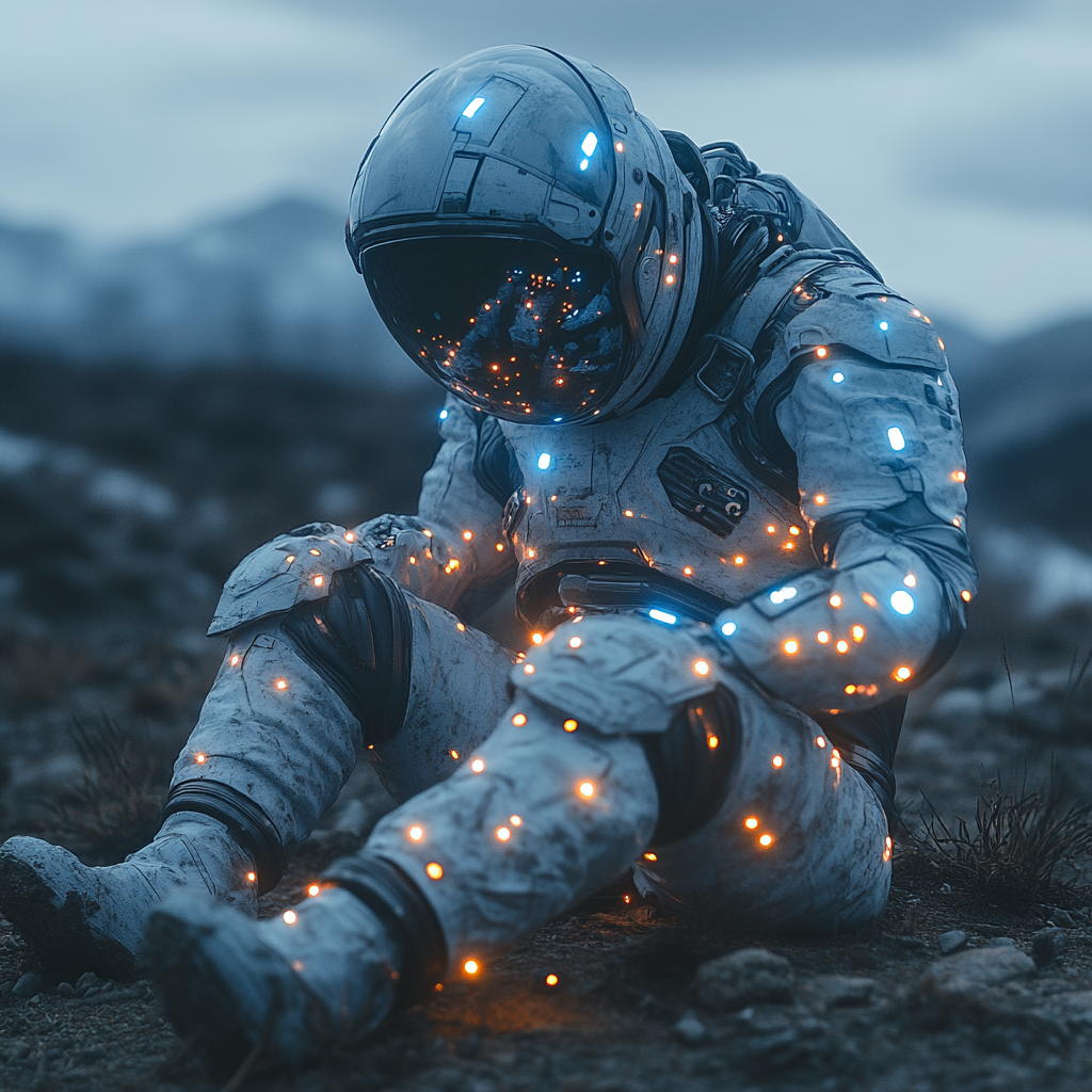 Astronaut Sitting on Dirt with Glowing Suit Buttons