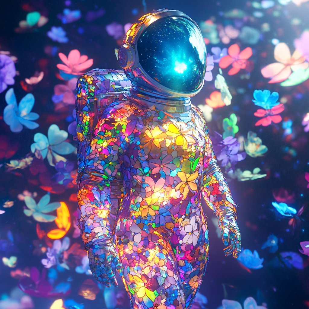 Astronaut Woman Stained Glass Flowers Space Light HD Photo