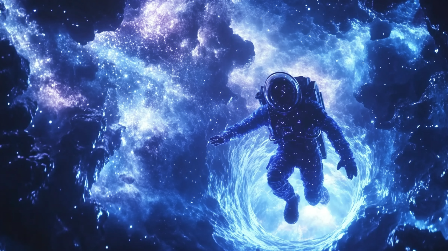 Astronaut climbing out of wormhole in space