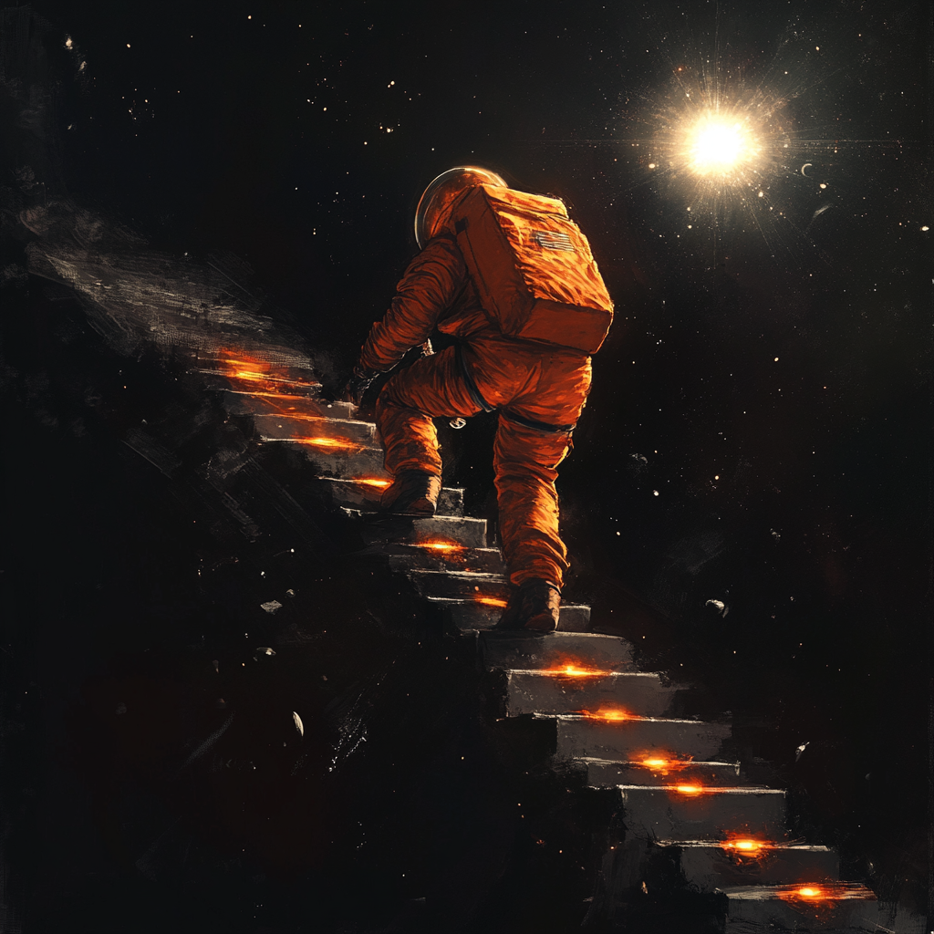 Astronaut climbs glowing steps towards star in space. 