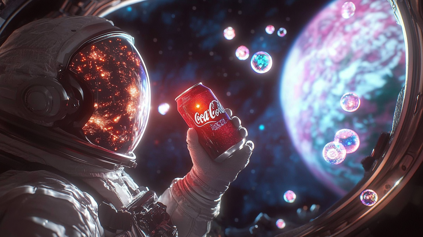 Astronaut drinks Coke Zero in futuristic space setting.