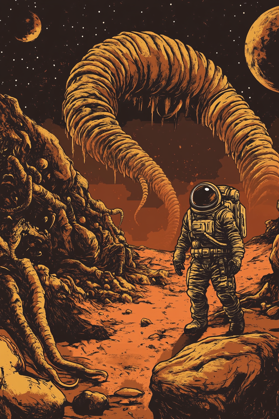 Astronaut faces giant worm on Mars in artwork.