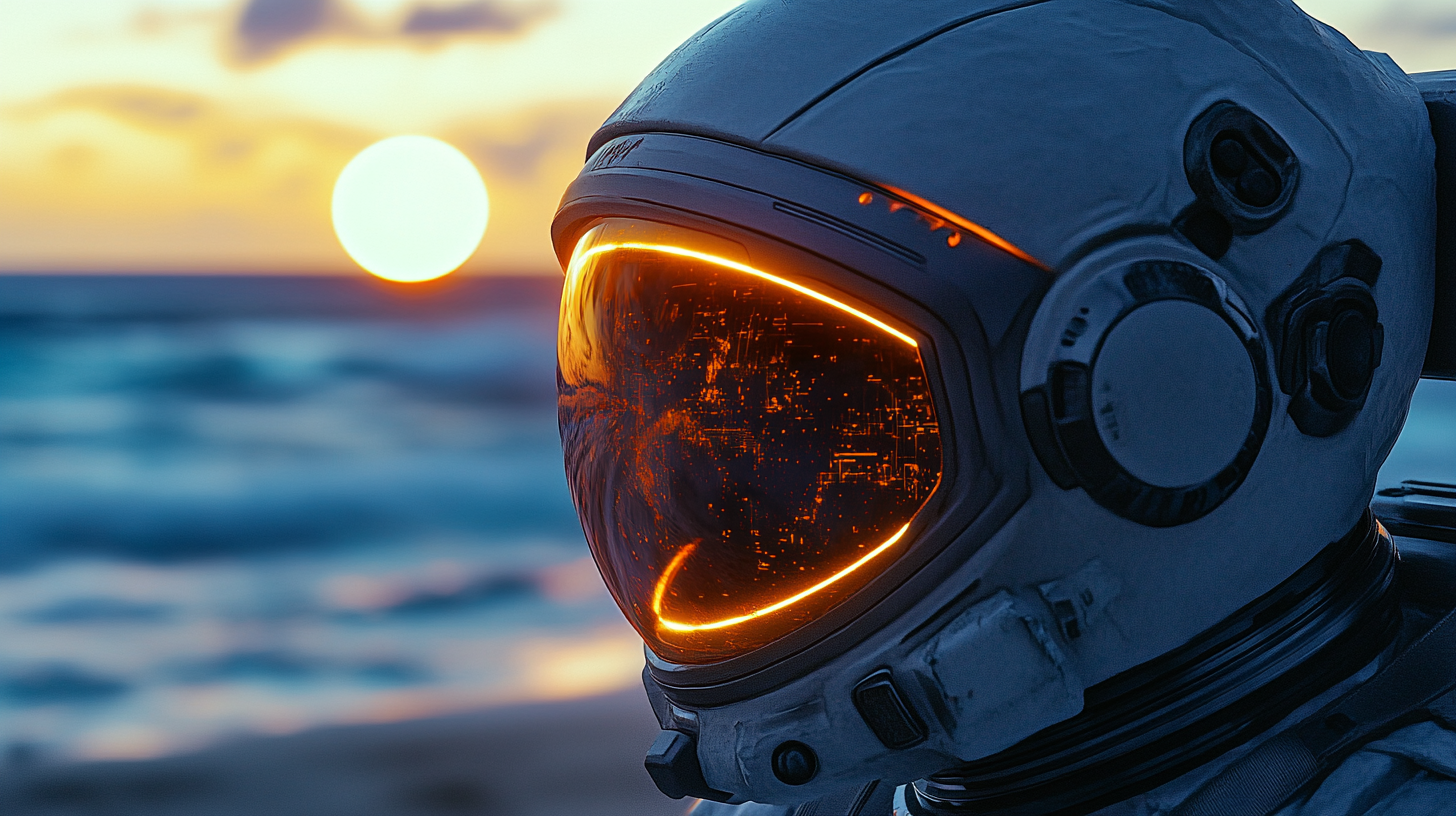 Astronaut helmet with advanced technology and beach reflection