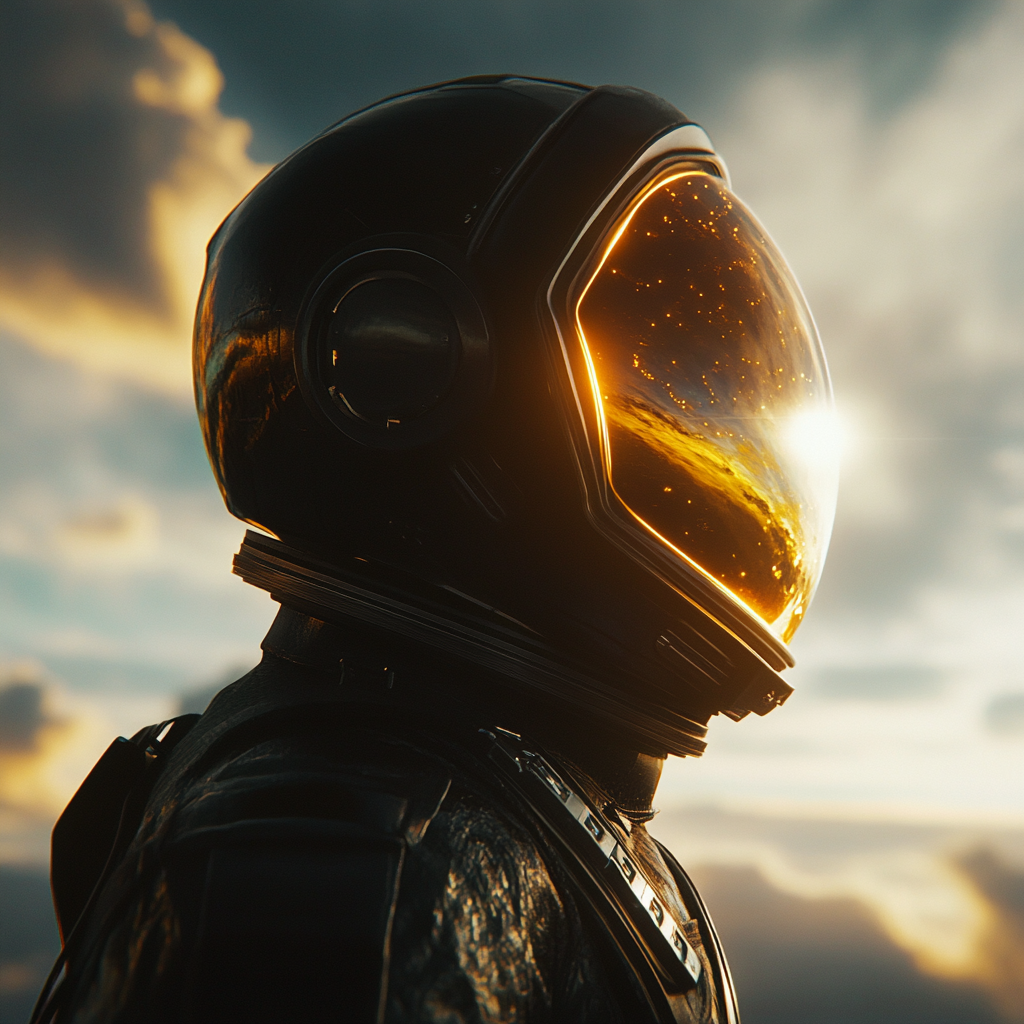 Astronaut in space, reflecting sun on helmet. Detailed scene.