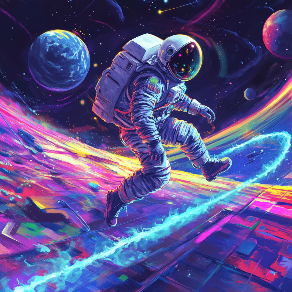 Astronaut in spacesuit running on colorful planet. Sky dark.