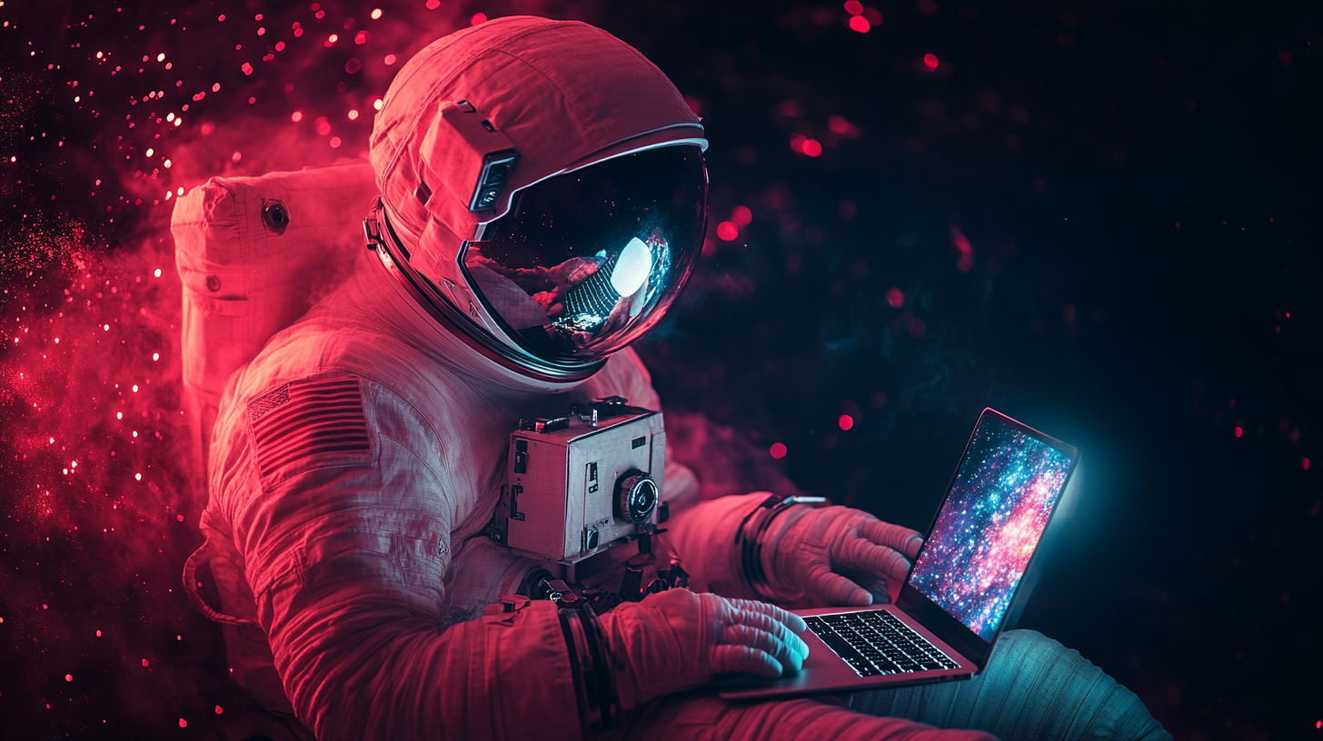 Astronaut with macbook, bright background, high contrast, color.