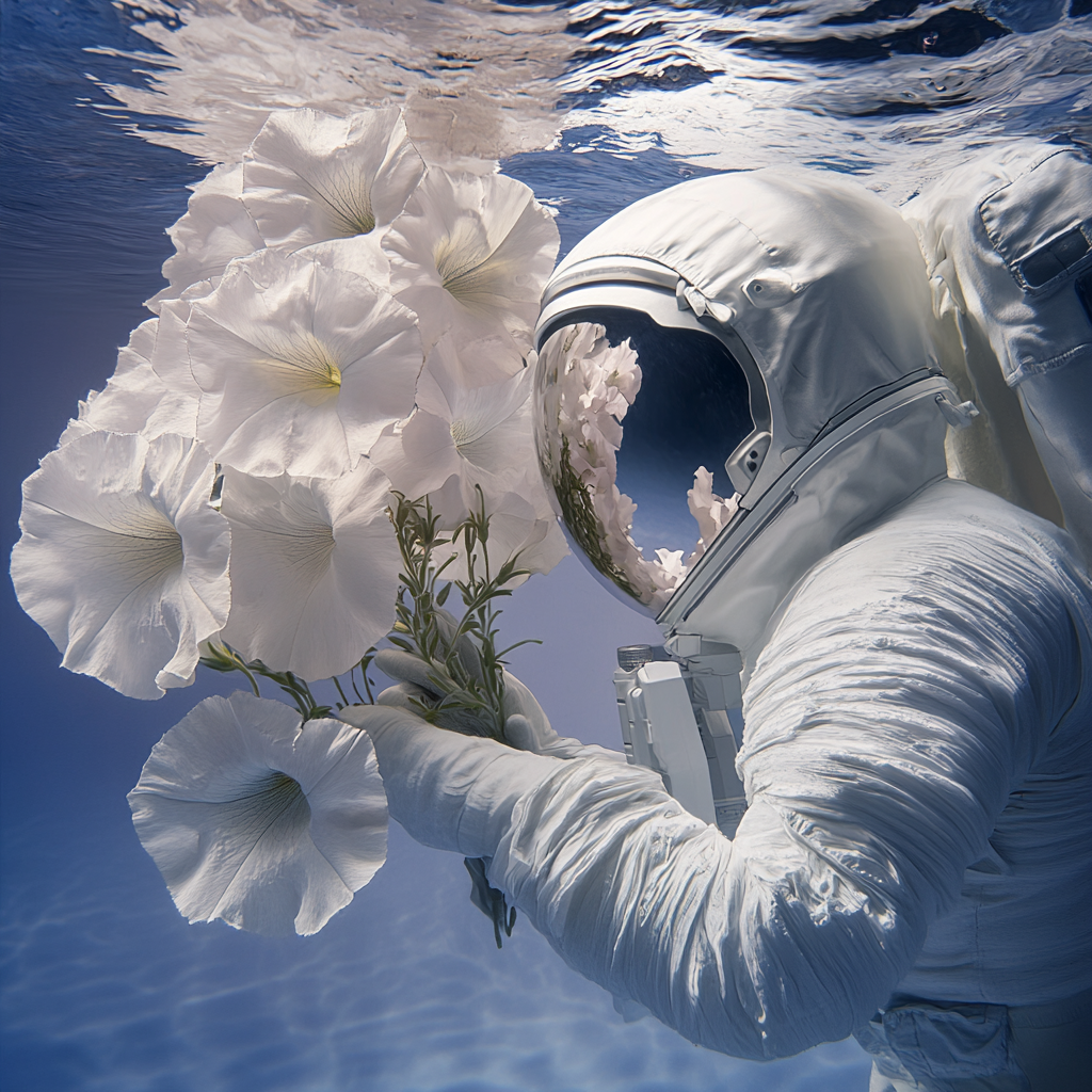 Astronaut woman picking petunias from water surface bouquet