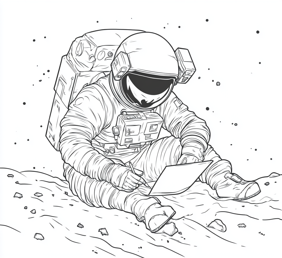 Astronaut writing letter in space, simple line art.