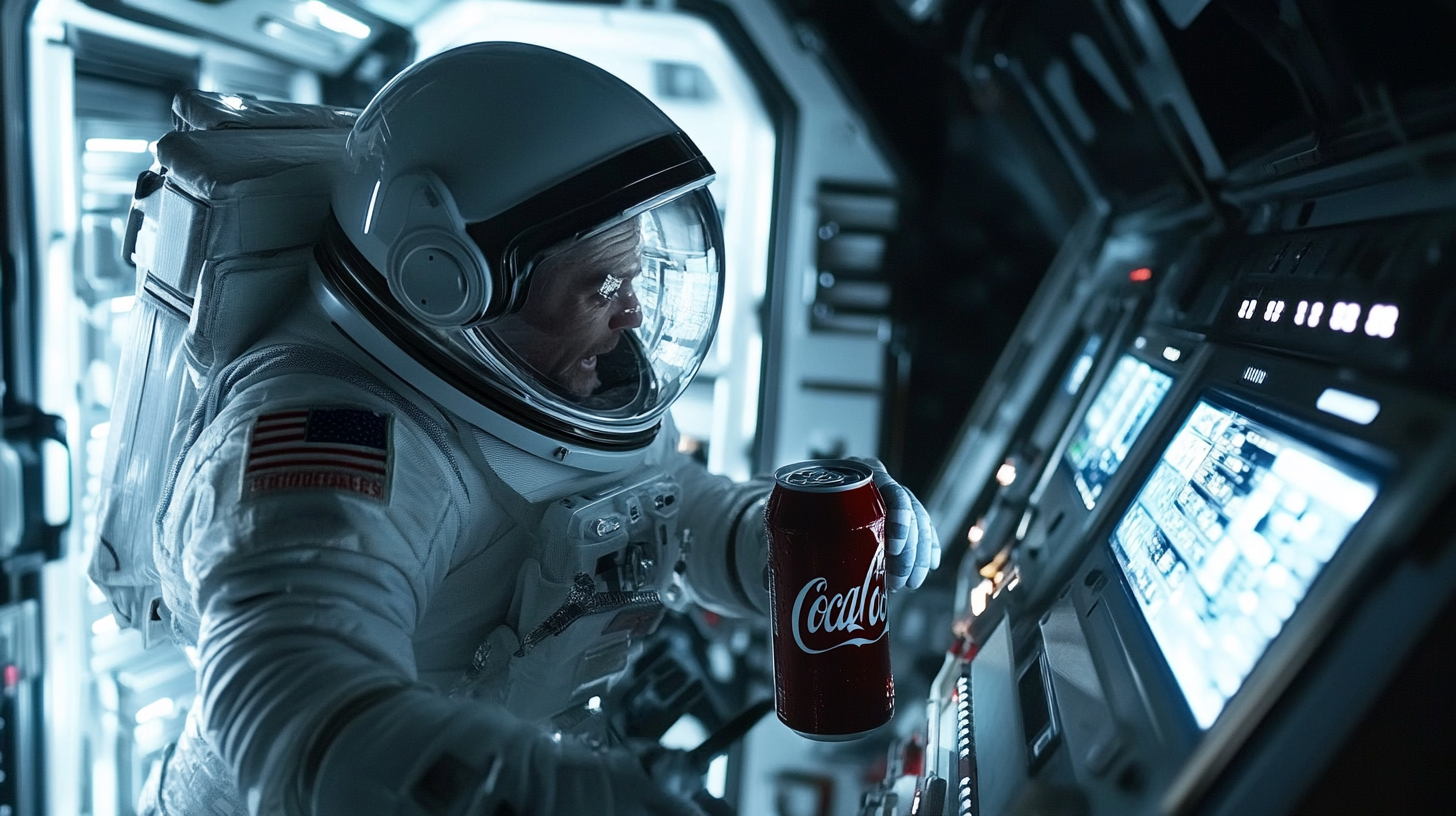 Astronauts floating, one grabs Coca-Cola can.  