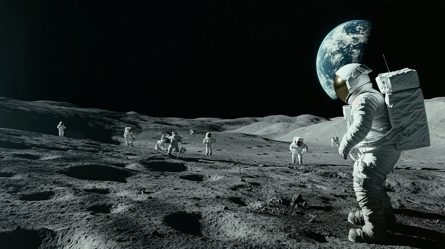 Astronauts on the Moon collecting samples and exploring terrain.