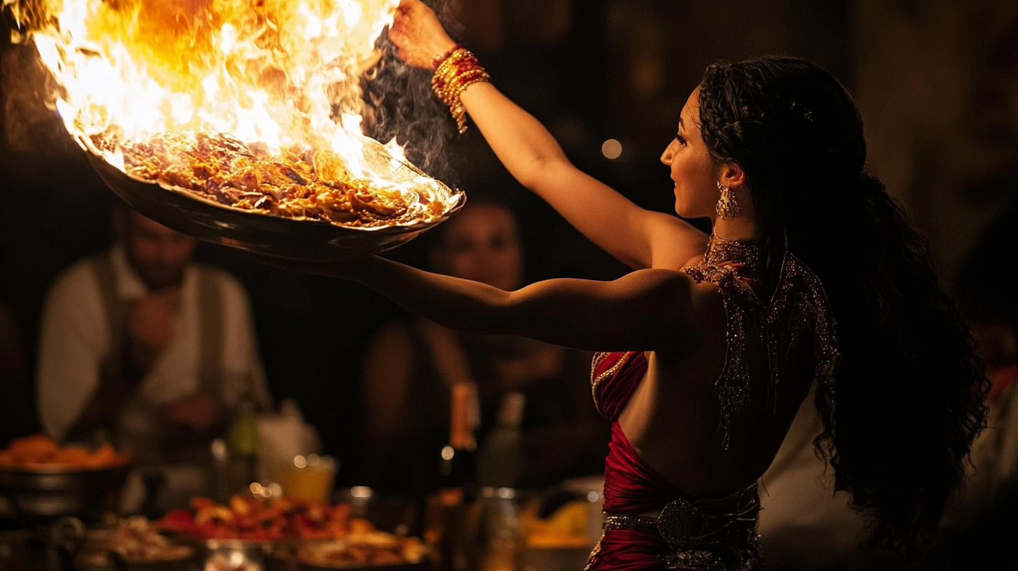 At a barbeque, watch belly dancer and Tannoura.