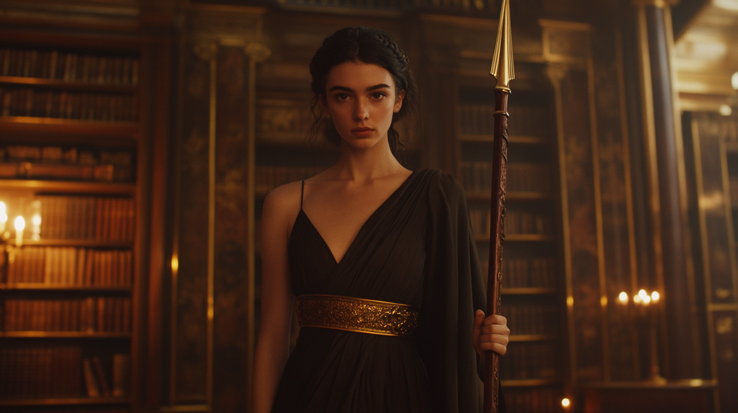 Athena in Shadowy Library: A Cinematic Vision