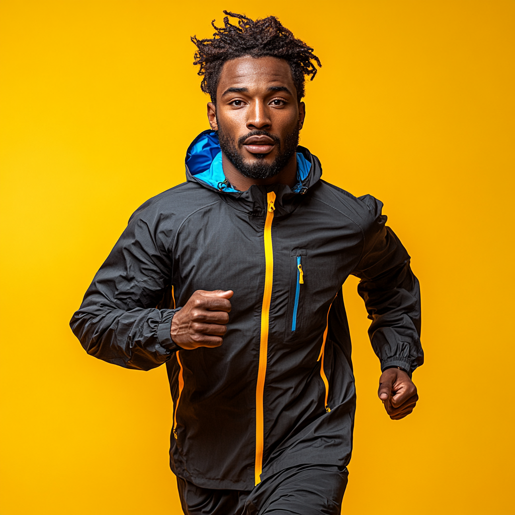 Athlete Running Swiftly in Colorful Windbreaker Jacket