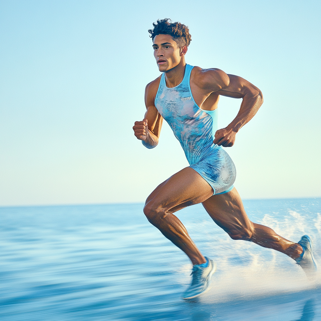 Athlete running on water, muscles visible, dynamic lighting