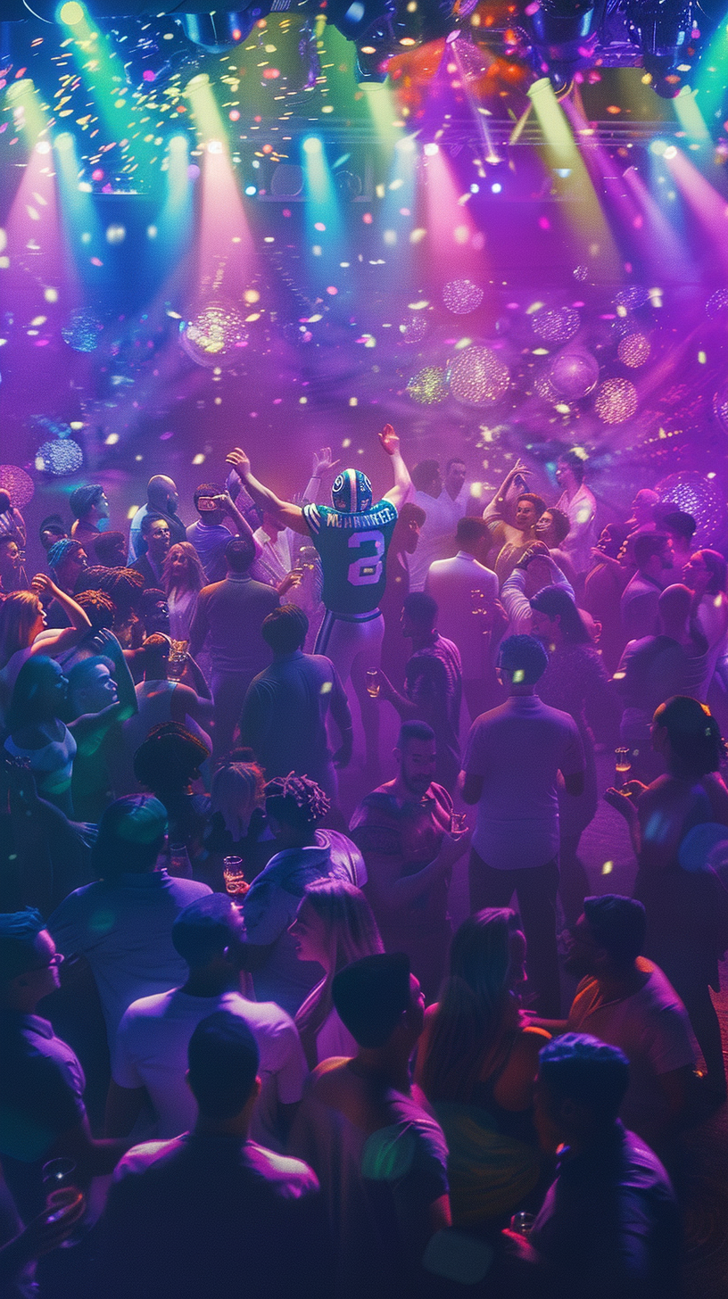 Athletes and politicians dancing together under colorful lights.