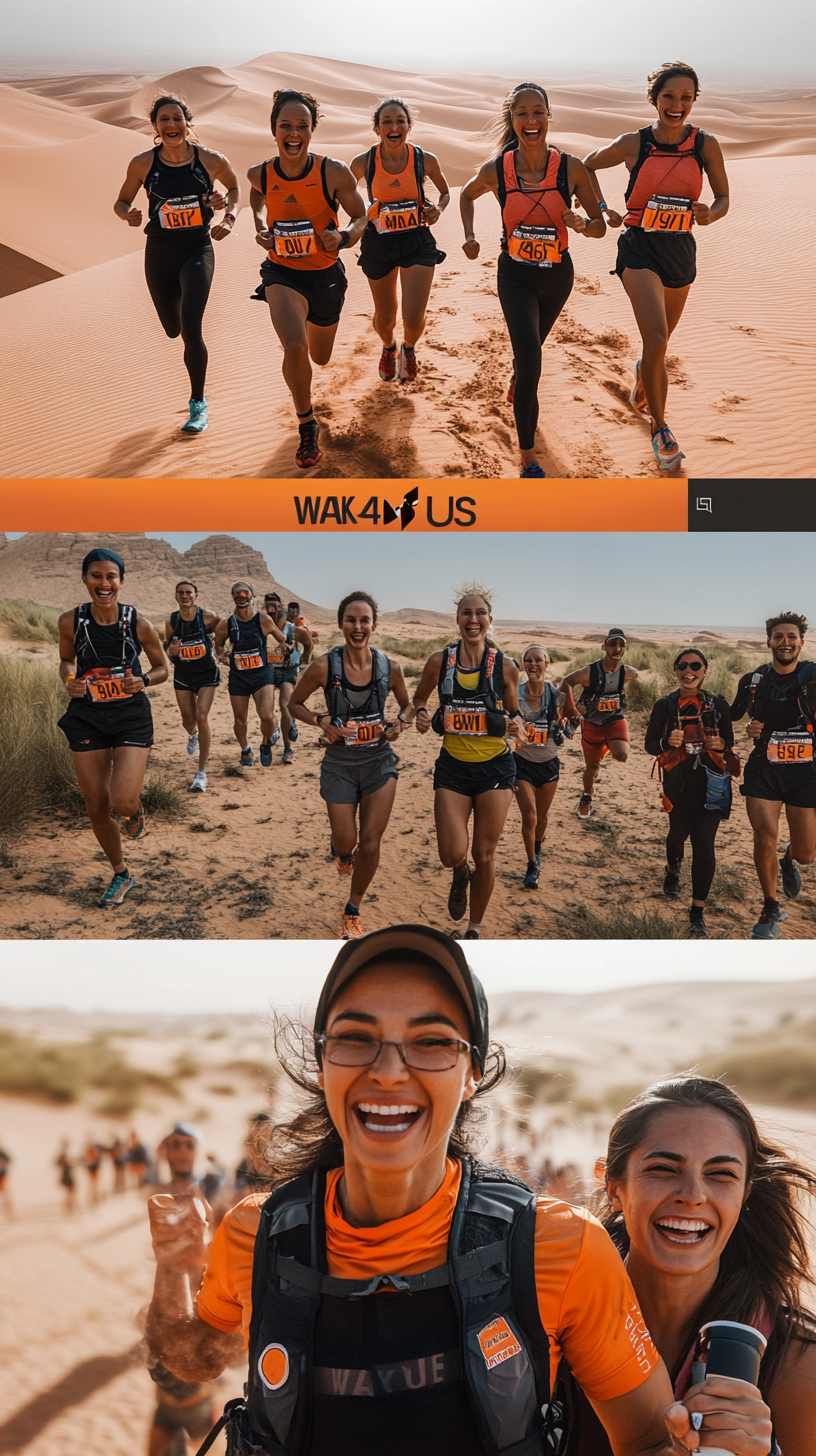 Athletes running in desert, elder athlete smiling in desert.