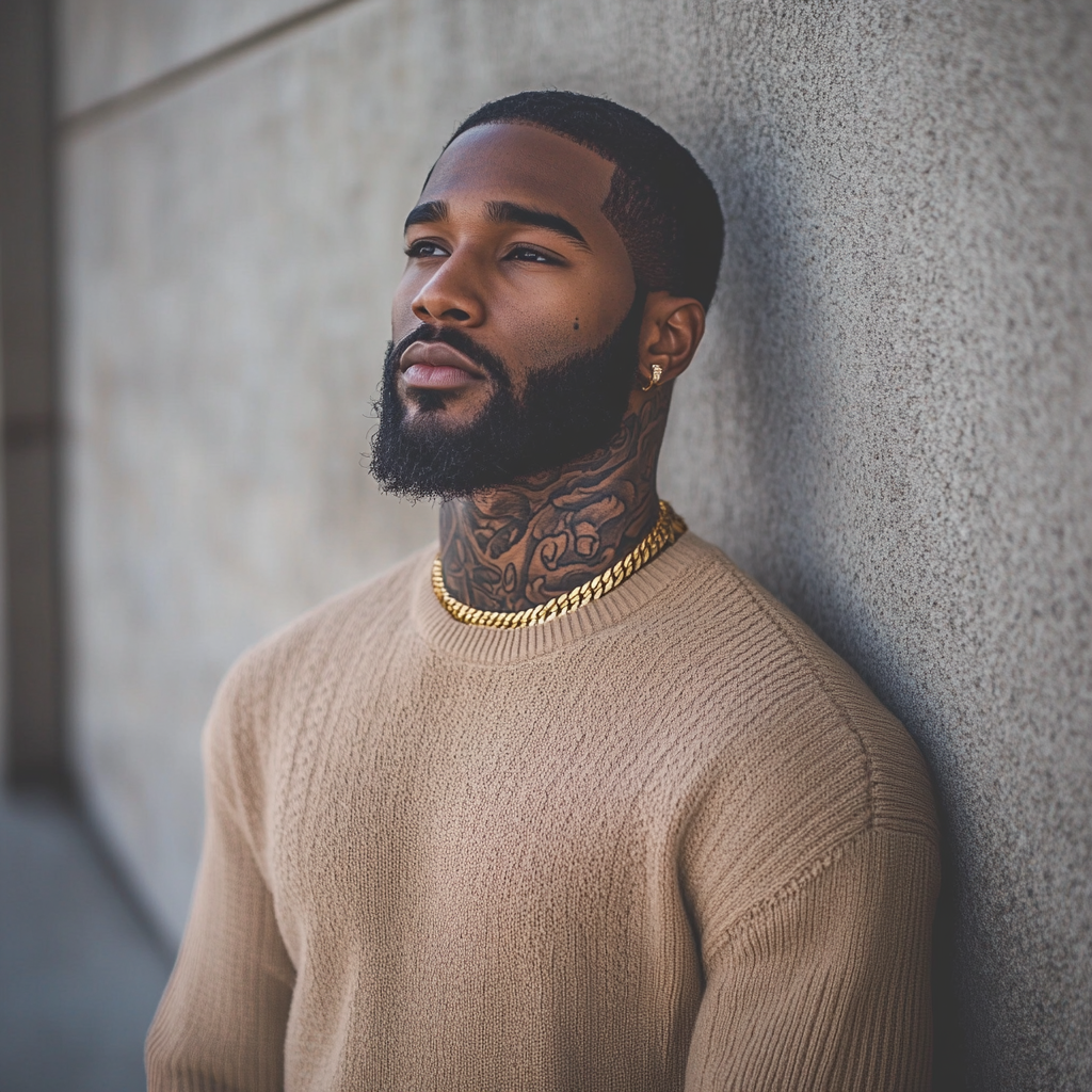 Athletic Black Man with Detailed Neck Tattoos Street Style Portrait