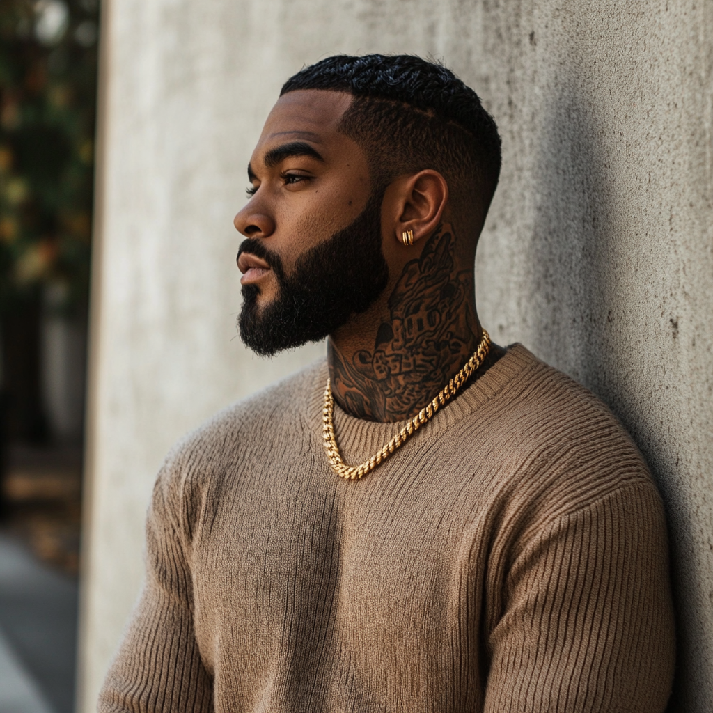 Athletic Black Man with Detailed Neck Tattoos