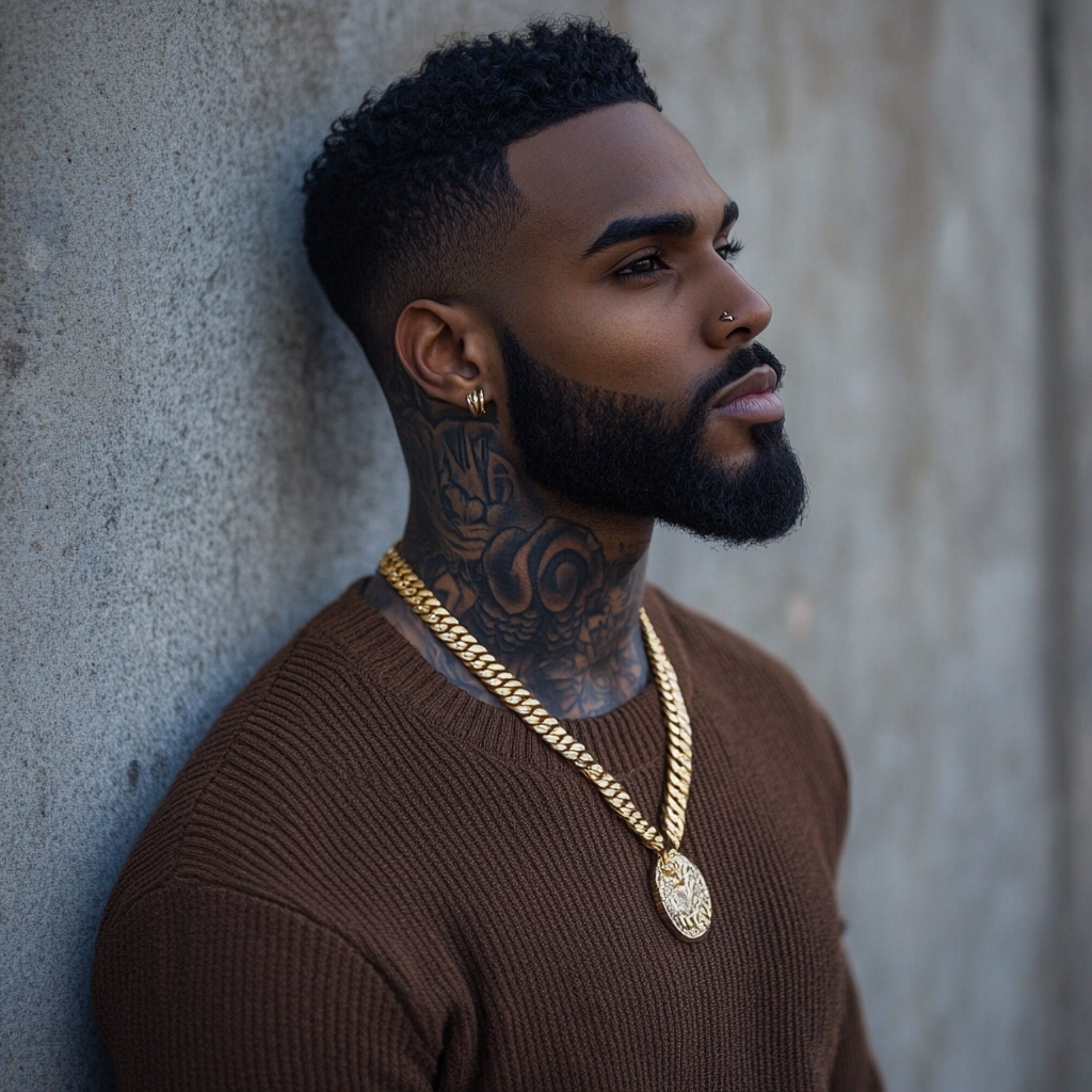 Athletic Black man with detailed neck tattoos, beard