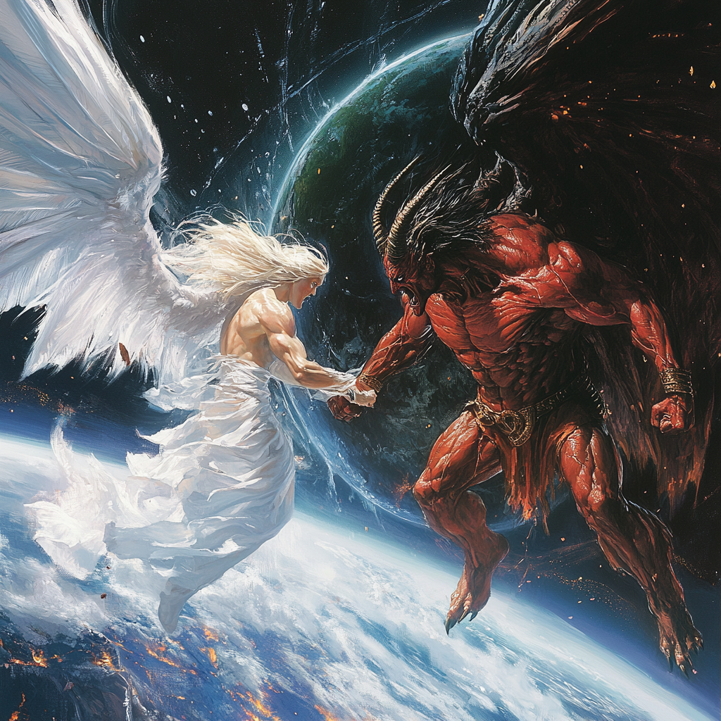 Athletic angel battles demon in space with earth backdrop.