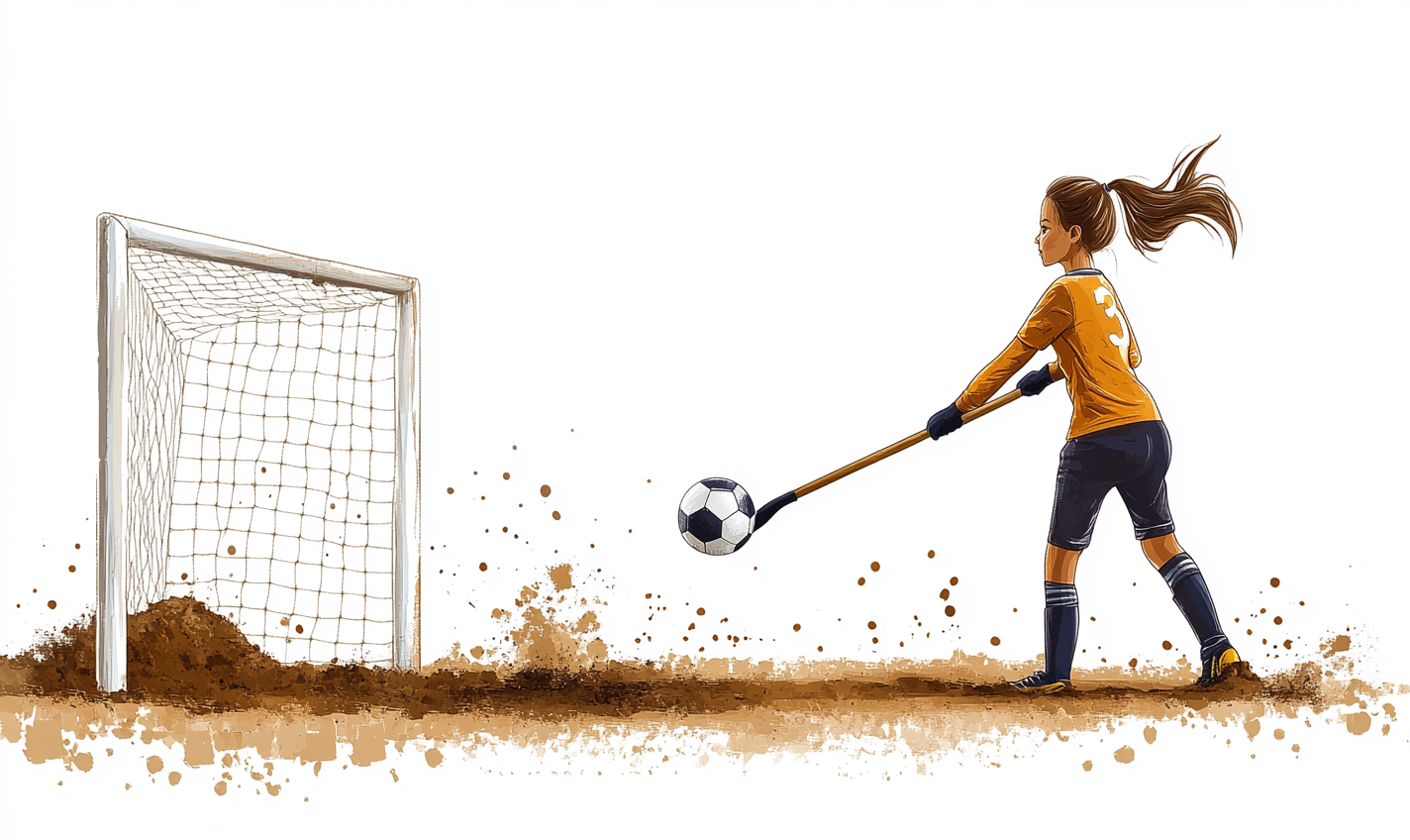 Athletic biracial girl guards soccer goal cartoon style