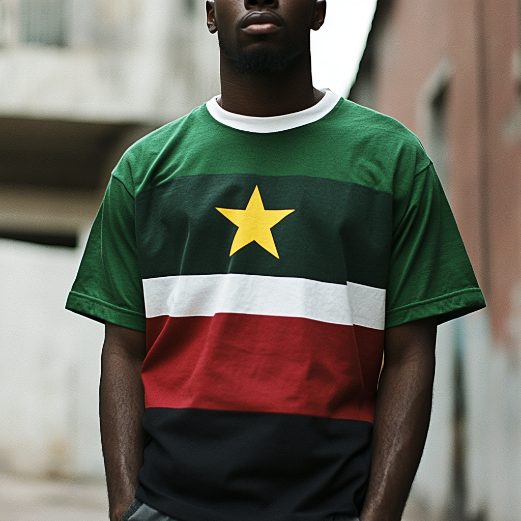 Athletic black man wears t-shirt with vibrant flag theme.