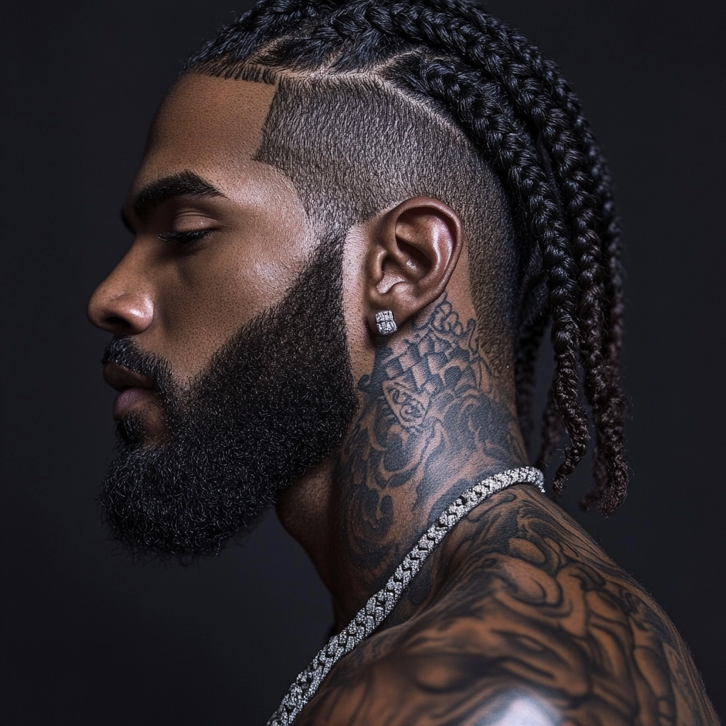 Athletic black man with tattoos and sharp edge up.