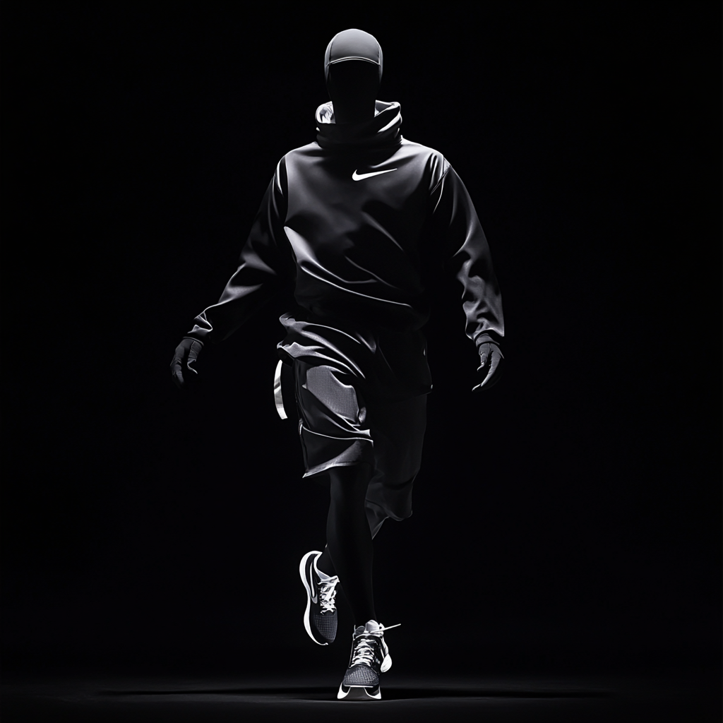 Athletic mannequin in Nike gear against black background.