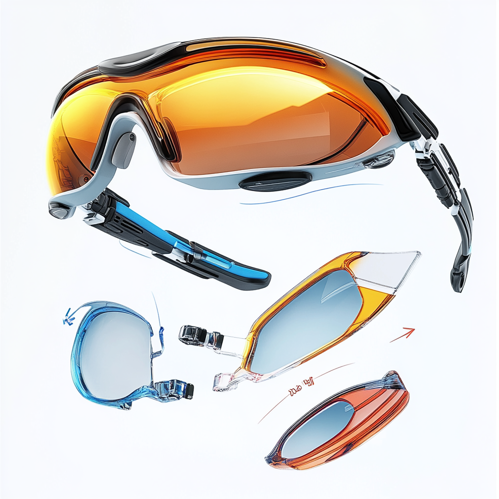 Athletic sunglasses shown in exploded view with 3 components.