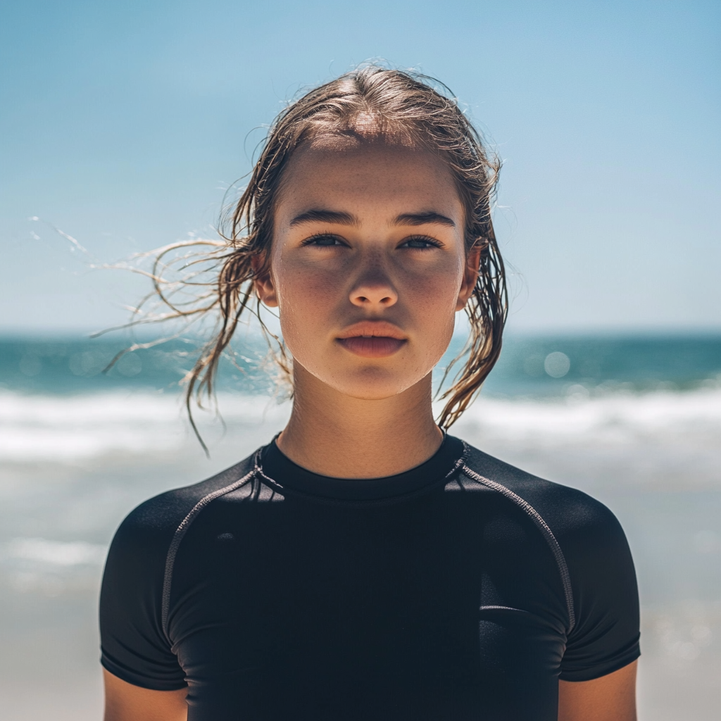 Athletic woman in black shirt on sunny beach