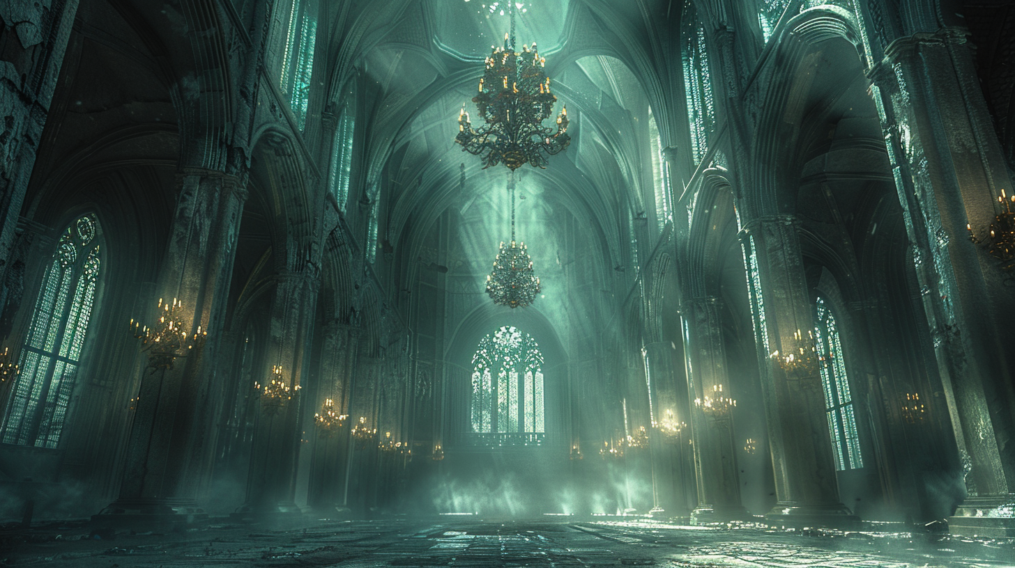 Atmospheric stone hall with broken stained glass windows.