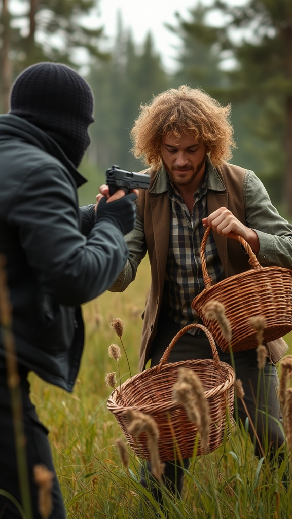 Attack by bad man with gun on curly-haired man with basket in forest.