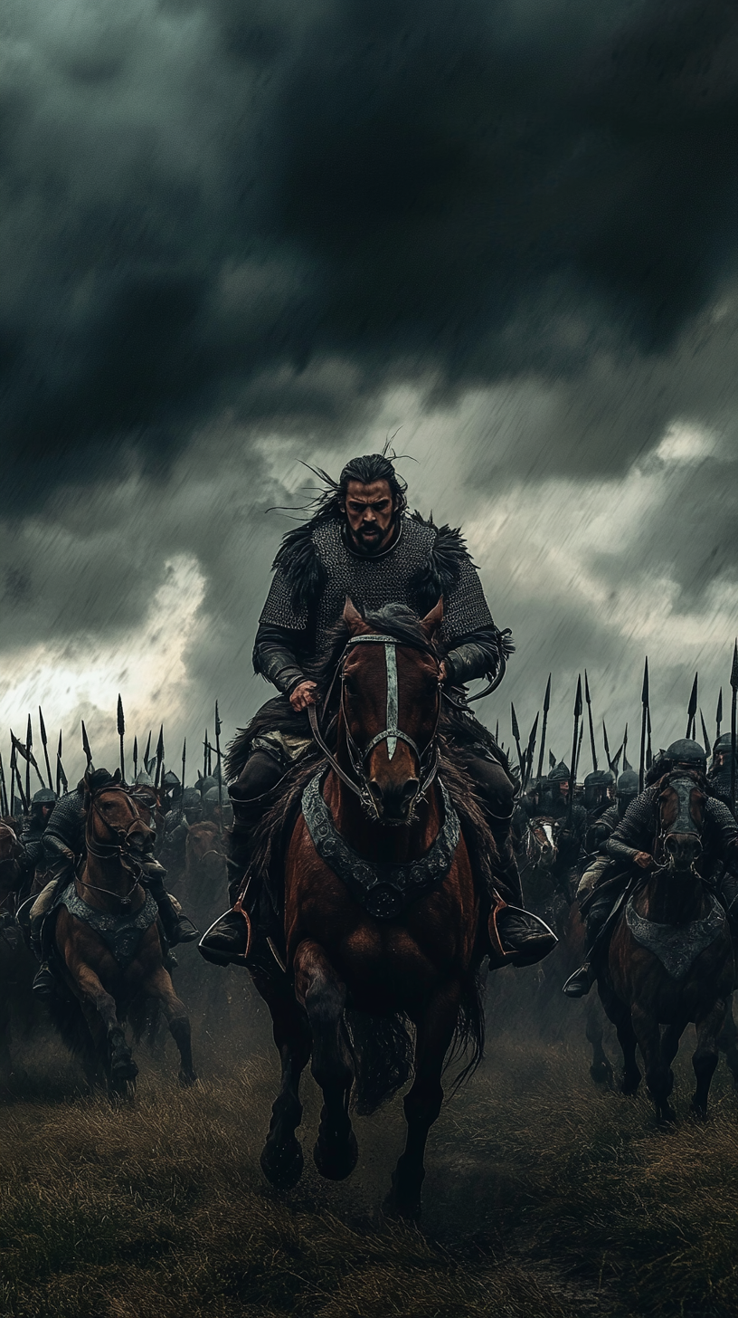 Attila leading fierce horde through stormy skies, thunder striking.