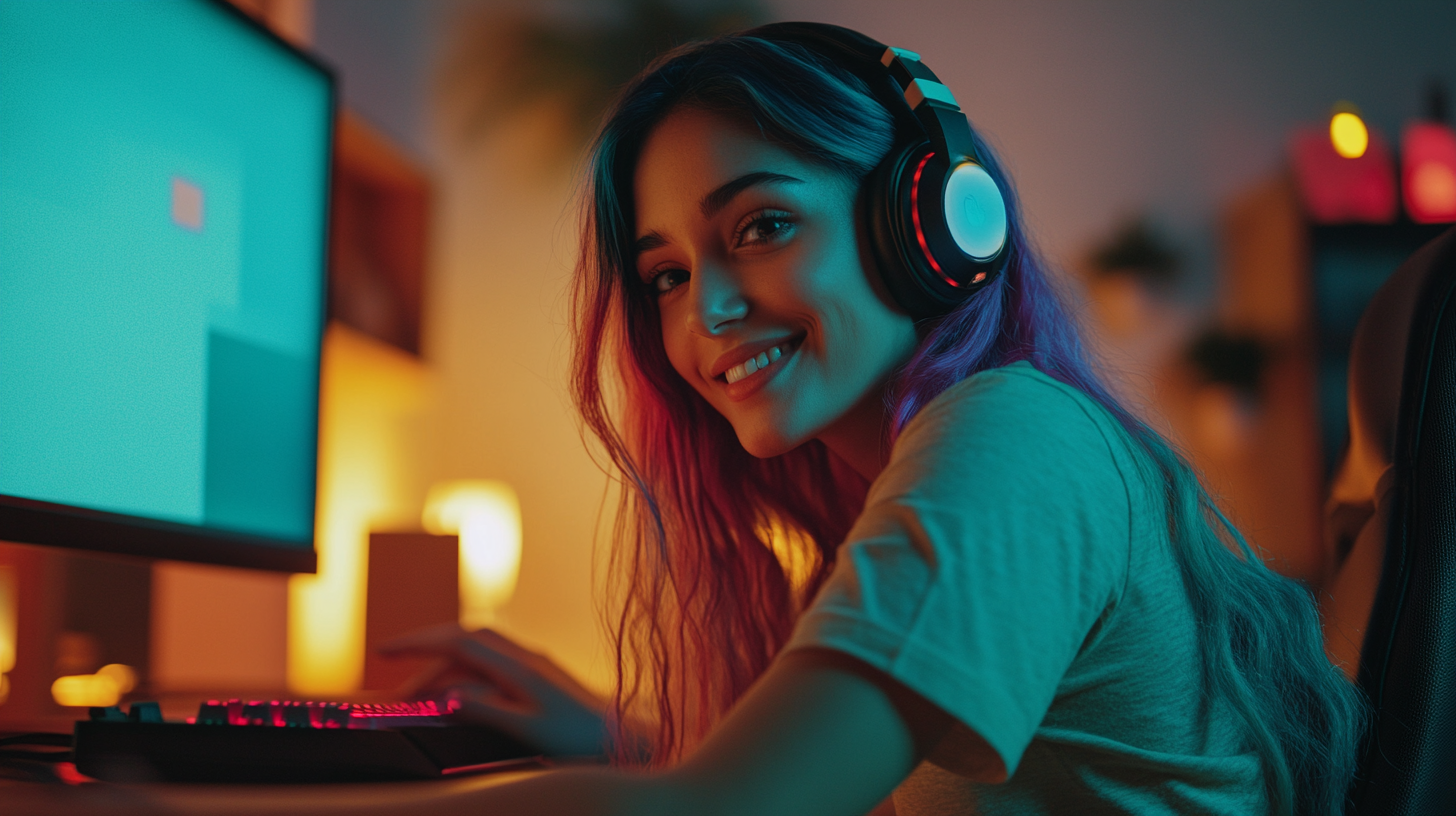 Attractive 23-year-old female sitting at computer desk smiling.