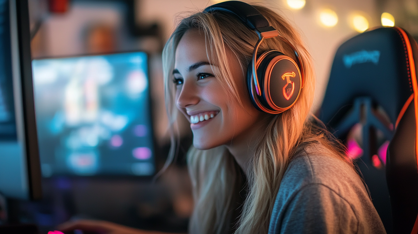 Attractive 23-year-old female smiling at computer monitor, blonde.