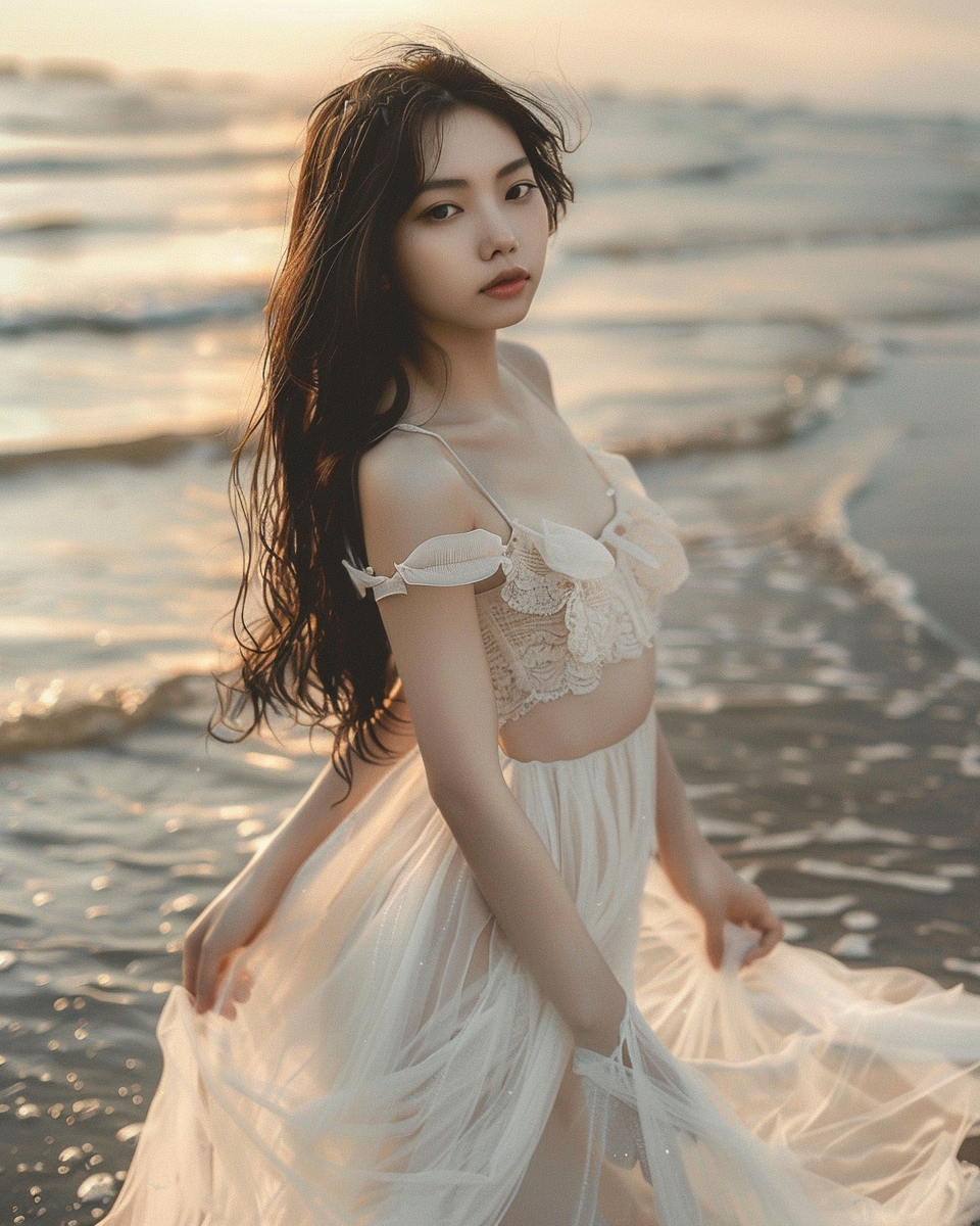 Attractive Asian girl in white dress at beach.