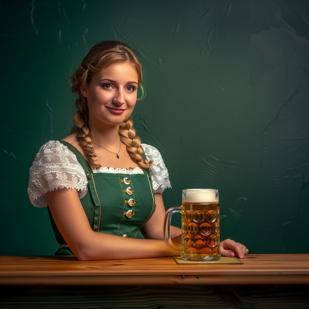 Attractive Oktoberfest Beer Maid in Green Dirndl 