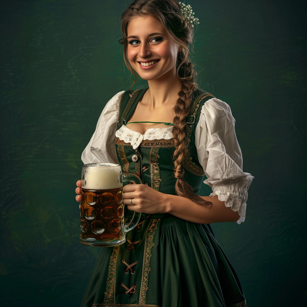 Attractive Oktoberfest Woman in Green Dirndl Holding Beer