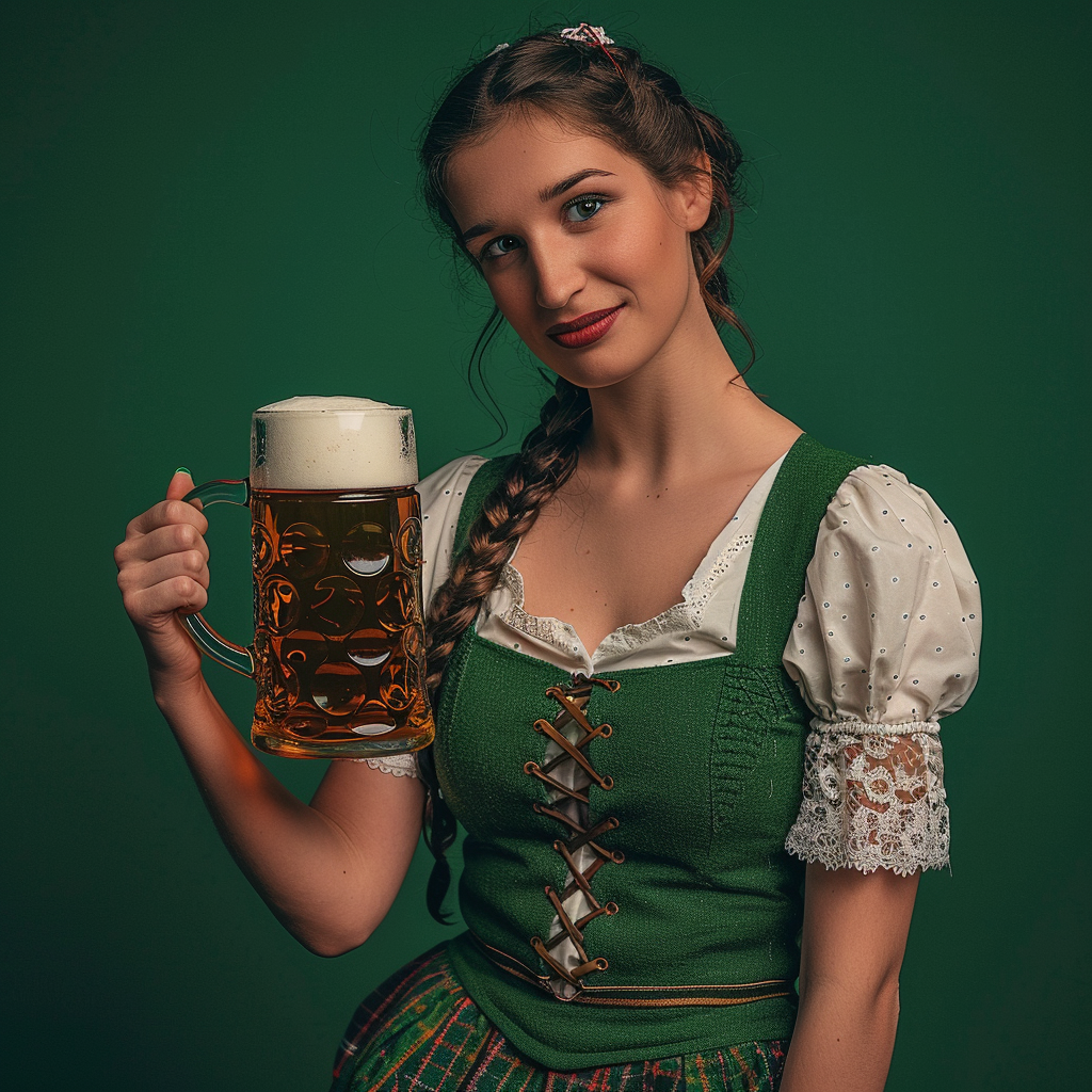 Attractive Oktoberfest beer maid in green dirndl with beer mug.