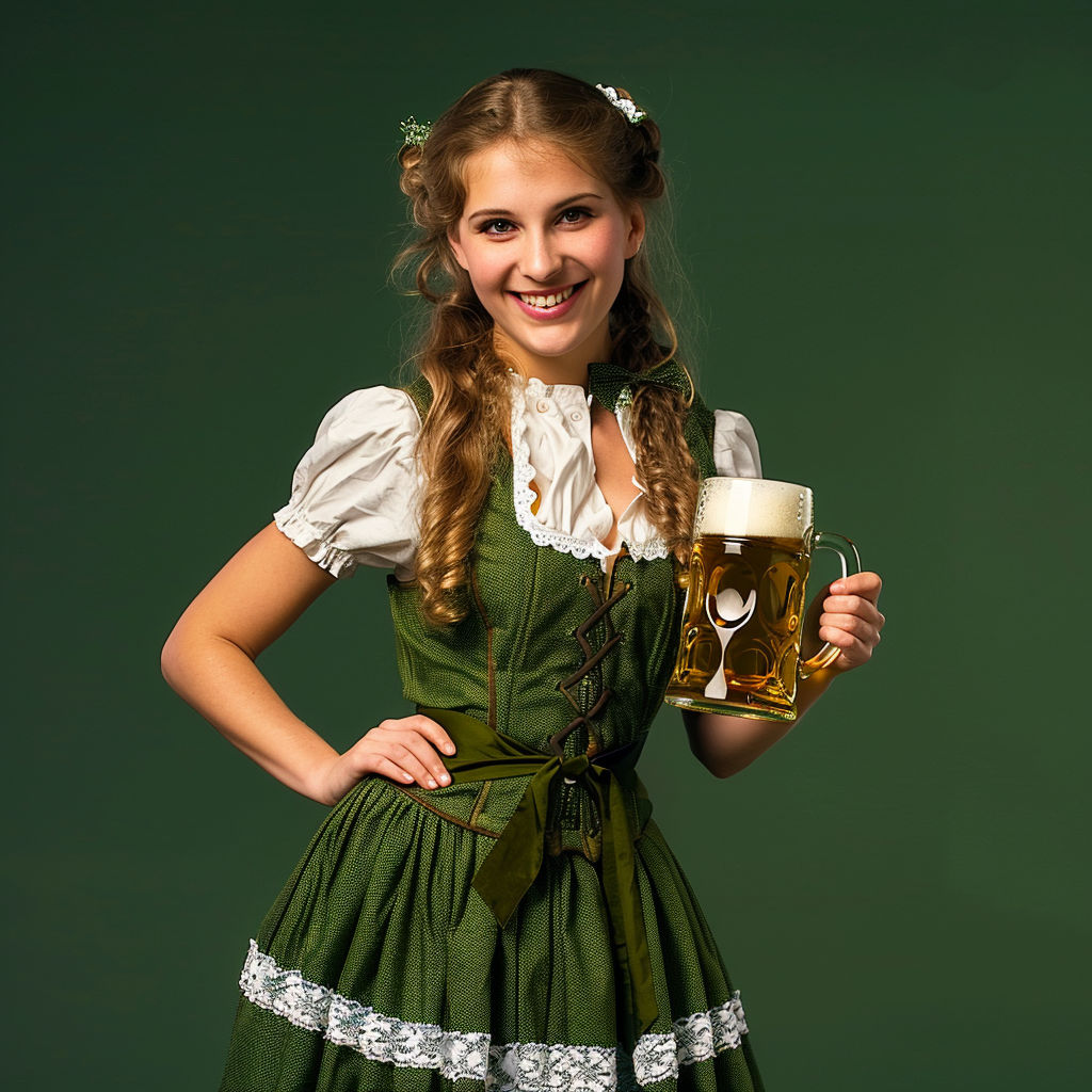 Attractive Woman in Green Dirndl Holding Beer Mug